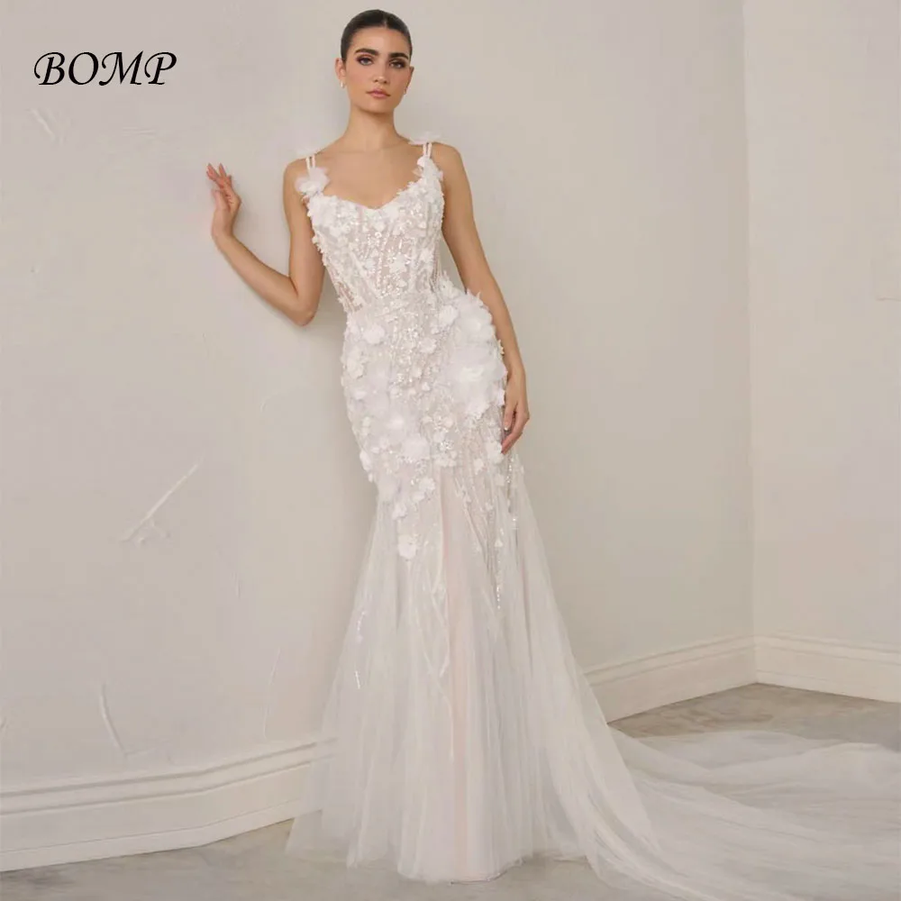 BOMP Exquisite 3D Flowers Mermaid Wedding Party Dress V-Neck Straps Sweep Train Bridal Gown Customized Vestidos De Novia New