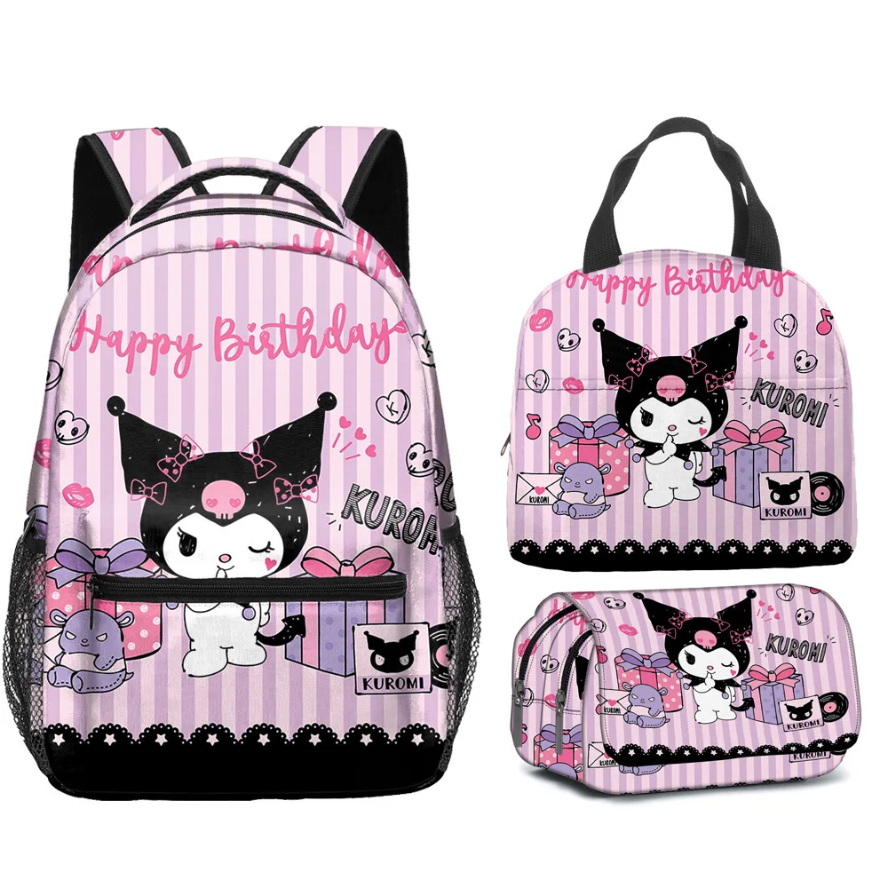 

Sanrio Kuromi Kitty школьная сумка с принтом для девочек, милый рюкзак большой емкости, детская сумка на плечо, сумка для обеда, пенал, комплект из 3 предметов