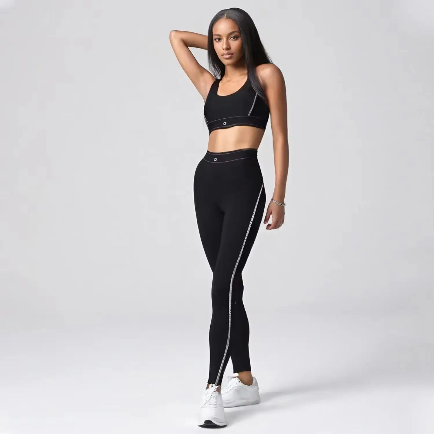 INS Women's tracksuit Seamless Yoga Set Black Letter Print Two Pieces Crop Top And Long Pant Suit