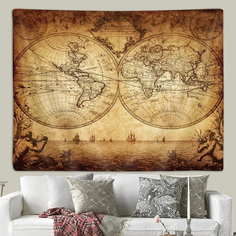VIKAMA Retro Weltkarten-Wandteppich Vintage Nautischer Ozean-Schiff-Wandbehang Antiker Stil Schlafzimmer Wandkunst Hintergrund