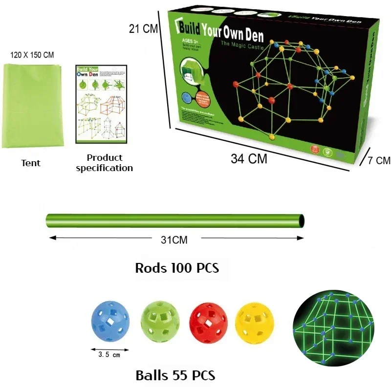 어린이용 3D 글로우 건설 장난감, 요새 빌딩 키트, 놀이 텐트 요새, 어린이 게임 텐트, 요새 빌드, 실내 및 실외 장난감 선물