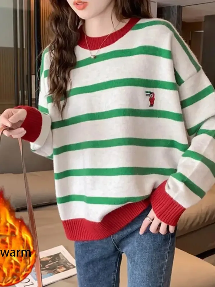مخطط الألوان المتناقضة سترة الموضة فضفاض أفخم البلوفرات سميكة المرأة عادية فضفاض دافئ لينة محبوك Sueter