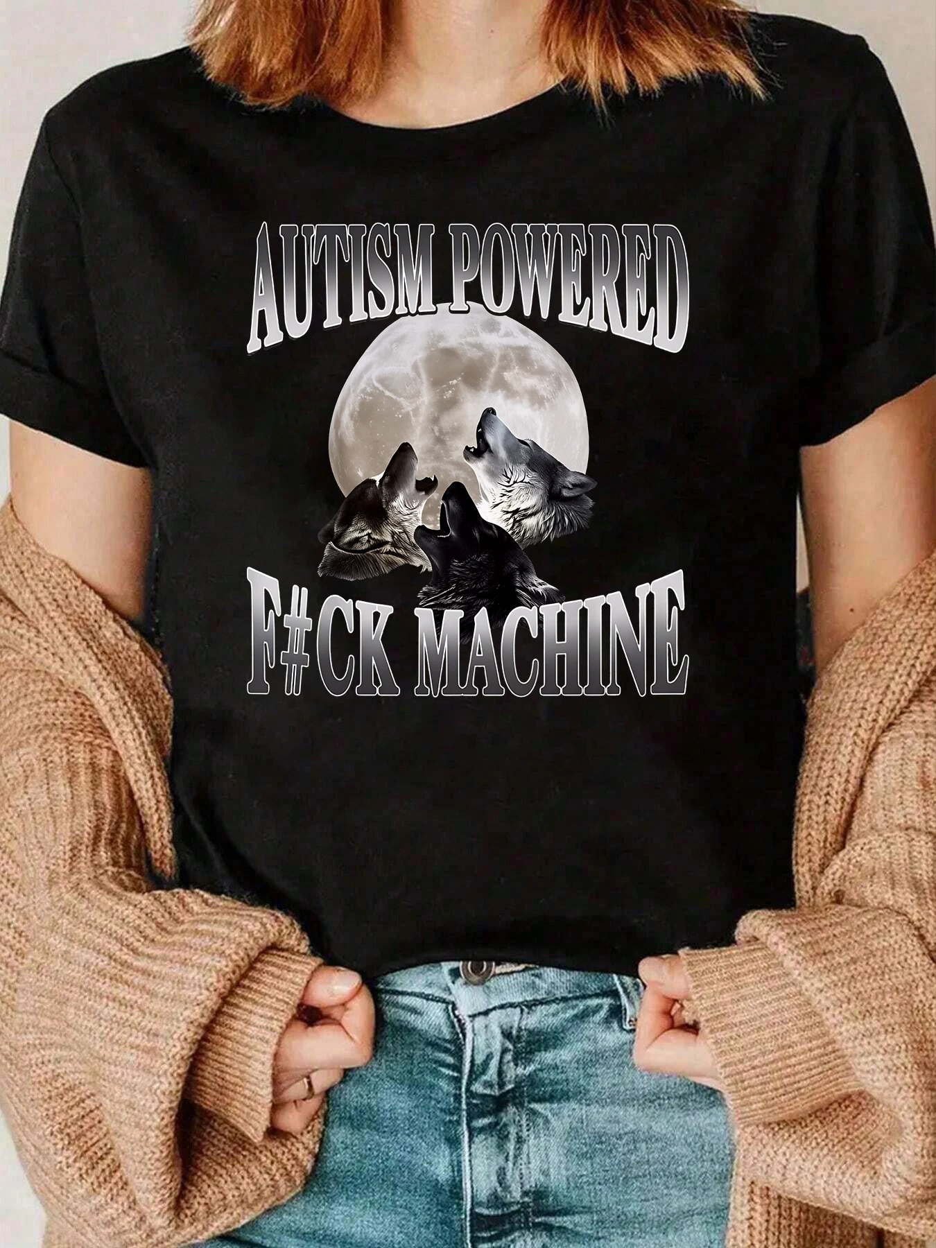 Camiseta gráfica con estampado de luna de lobo Otoño Invierno ropa casual mujer 220g