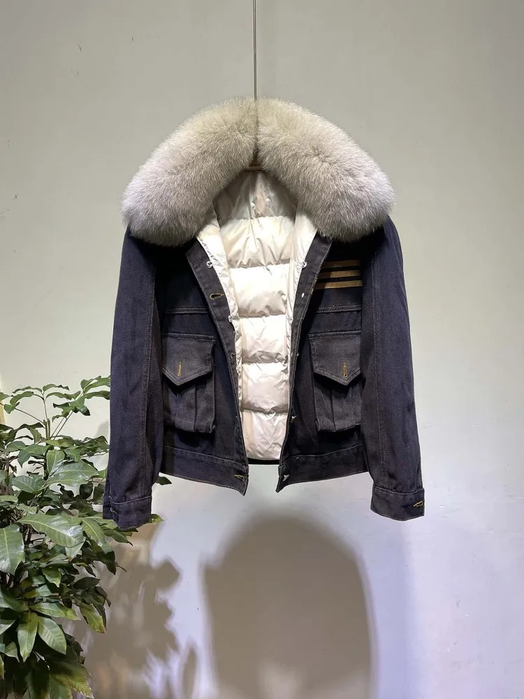 نساء موضة الثعلب الفراء طوق انفصال الدينيم الستر بطانة انفصال سترة منفوخة الشتاء سميكة الدافئة الكورية نمط معطف قصير #2