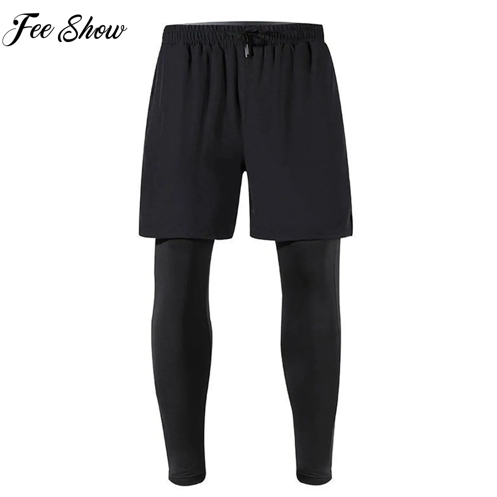 

Mens Cycling Running Workout Training Sports Bottoms Male 2 in 1 Gym Pants Athletic Leggings with Stretchy Side Split Shorts