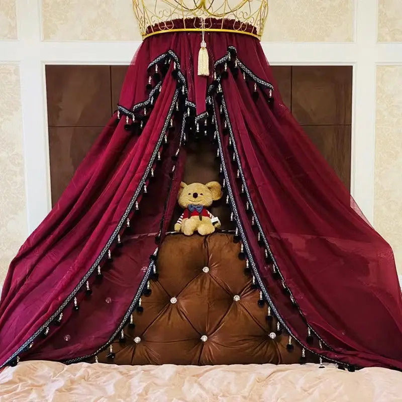 

Новая китайская двухслойная шторка для кровати Princesswind, винно-красная, из пряжи, с помпонами, для создания праздничной атмосферы, для двуспальной кровати
