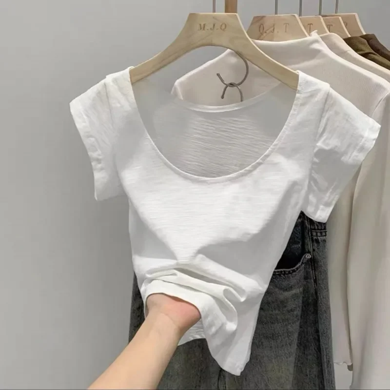 T-shirt a maniche corte in puro cotone con scollo tondo basso tinta unita Estate Nuovo scollo a U sottile e versatile per le donne