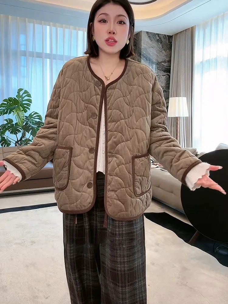 

Легкая модная хлопковая куртка MEHOMEYANG: теплая, осенне-зимняя, новинка, свободный крой, длинный рукав, круглый вырез, на одной пуговице