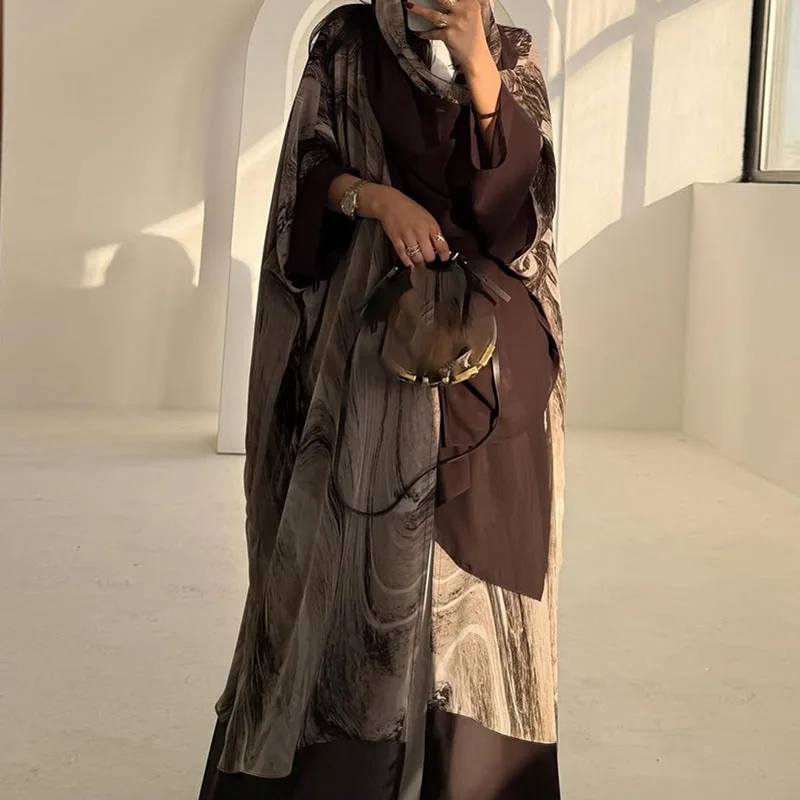 

Spring Elegant V-neck Loose Chiffon Cardigans Casual Long Sleeve Women's Wear With Headscarf 2025 Autumn Fashion Print Long Coat