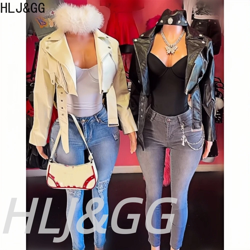 HLJ & GG سترة جلدية ربيعية للنساء مع طية صدر السترة وأكمام طويلة وسحاب معاطف قصيرة فضفاضة موضة ملابس نسائية متينة ملابس الشارع الشهير 2026