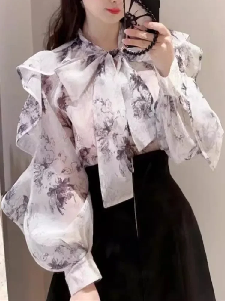 

Japanese Sweet Temperament Women Blusa Lace-up Bow Wooden Ear Loose Elegant Blouse French Puff Sleeve Organza Shirt 2024 Spring