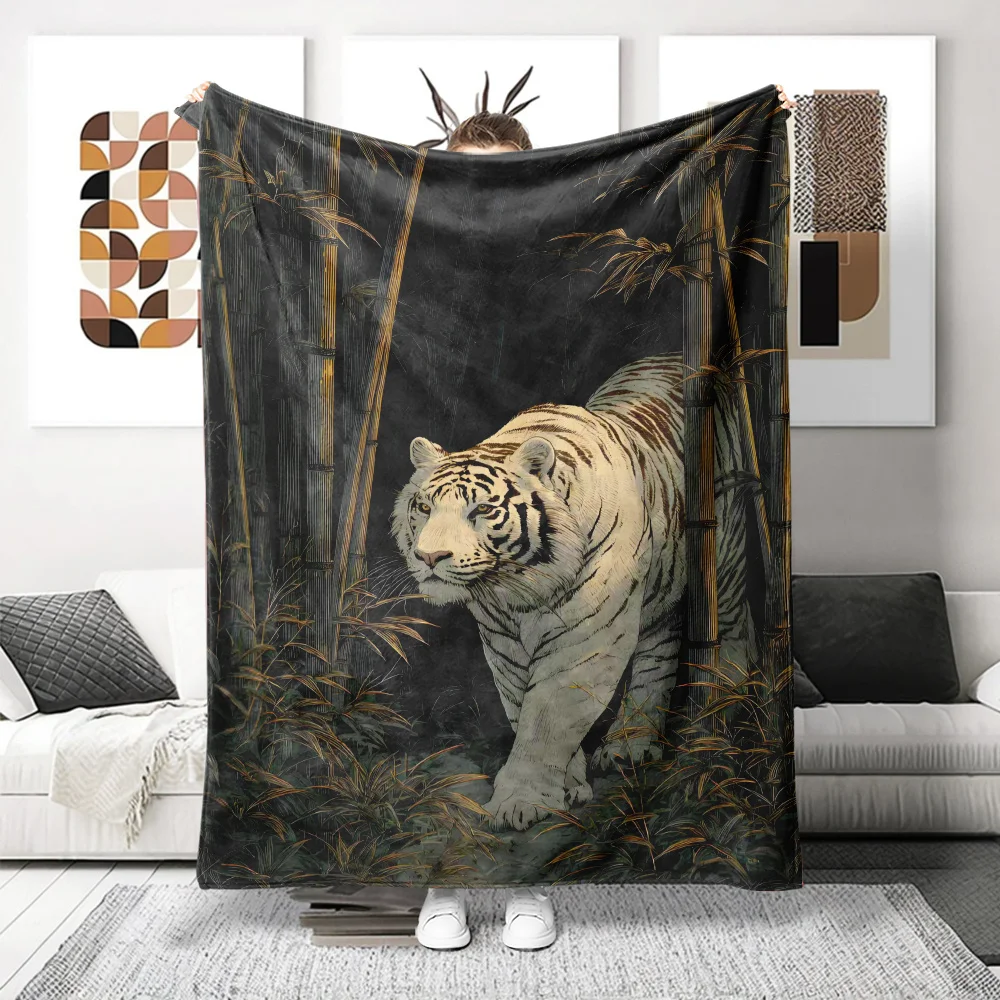 Noble White Tiger Dark Bamboo Wilderness Painting Flannel Blanket Comfortable Warm Fleece Throw Blanket Indoor Outdoor