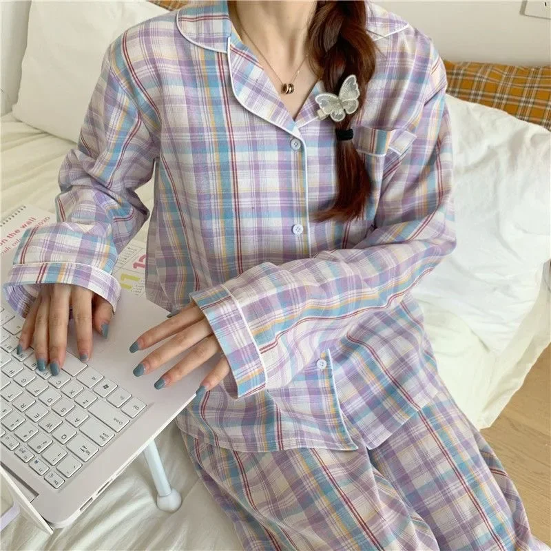 Pajamas Female Autumn and Winter Long-Sleeved Sweet Homewear Two-Piece Tide Cardigan Lapel Plaid Homewear