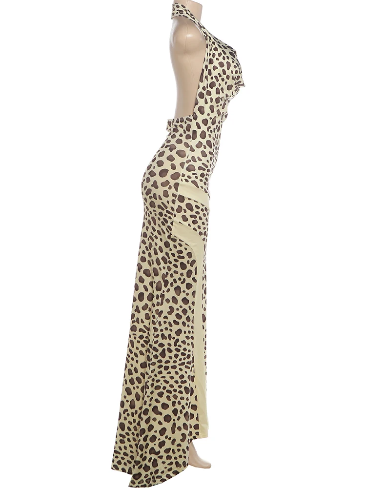 Weird Puss Leopardenmuster Rückenfreies Kleid Damenmode Hottie Neckholder Swing-Ausschnitt Ärmellos Elegantes Abendkleid Party Club Bodycon – Detail 5