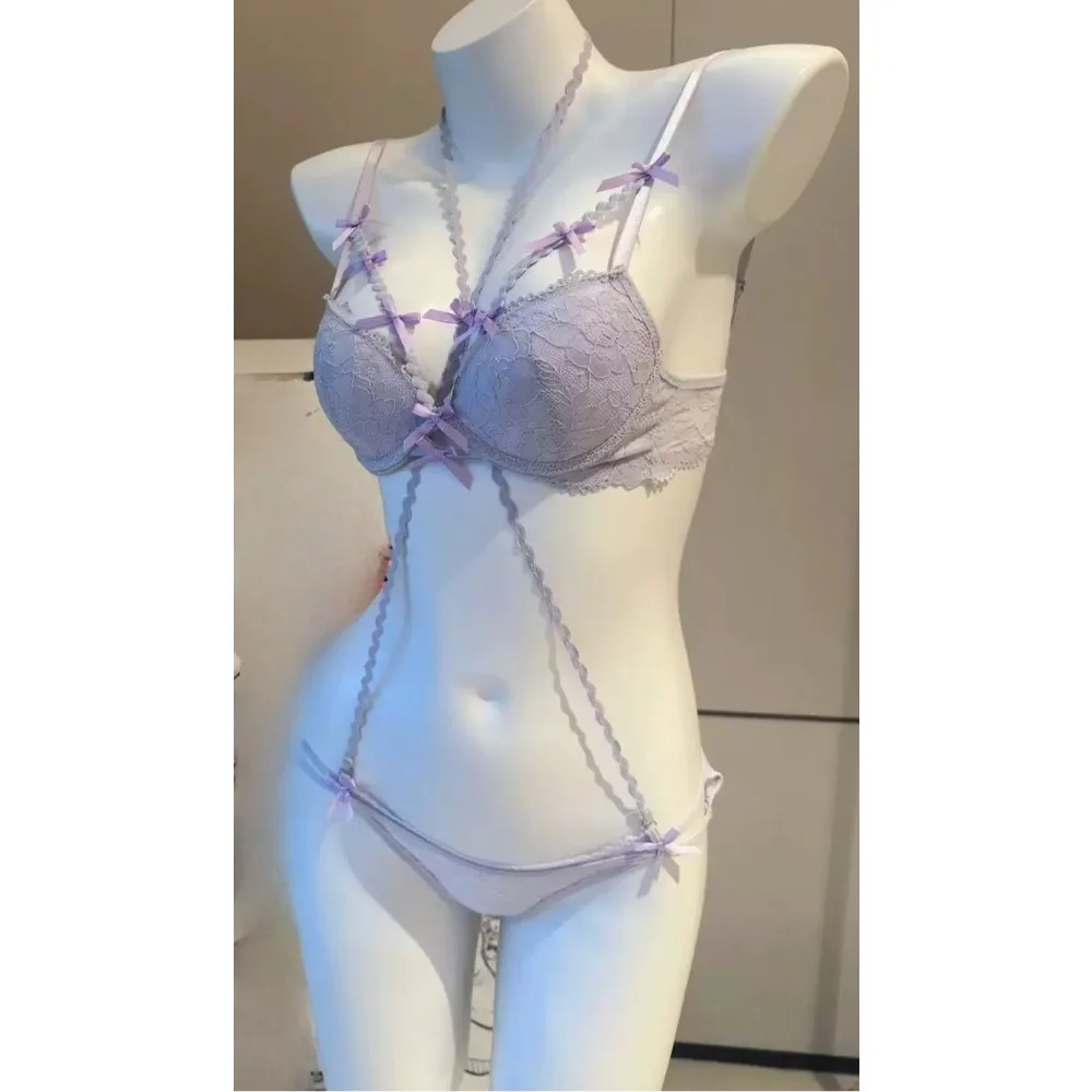BANERDANNI Purple Cross Strap Halter Bra Set Butterfly Ornament Elegant Push Up Underwear Kit For Ladies Size 32-38 Soft Fabric