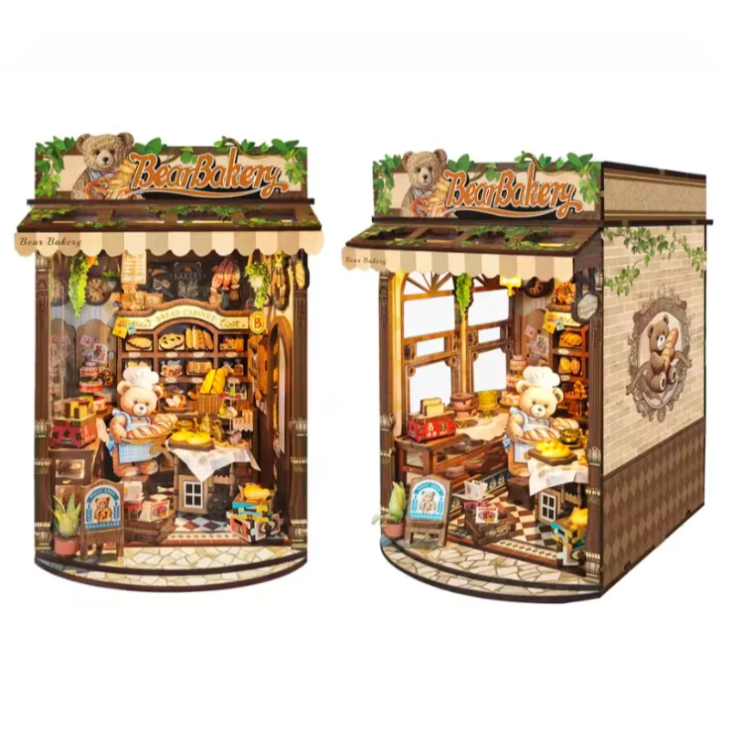 OUZEY Bear Cub's Bakery Book Nook DIY, casa en miniatura de madera 3D, kit de rompecabezas creativo, regalo para adolescentes