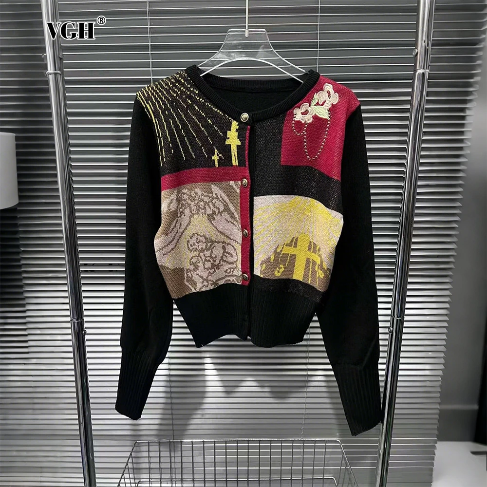 

VGH American Retro Printing Cardigans for Women Round Neck Long Sleeve Spliced Metal Buckle Slimming Short Sweater Female Spring