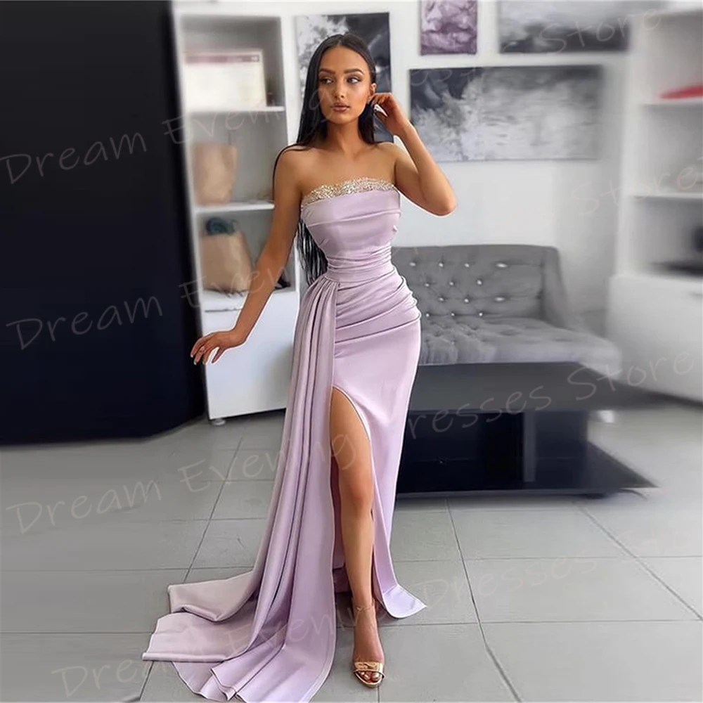 Elegante Paarse Dames Zeemeermin Bescheiden Avondjurken Eenvoudige Sexy Strapless Prom Jurken Side Split Geplooide Robe De Soiree Femmes