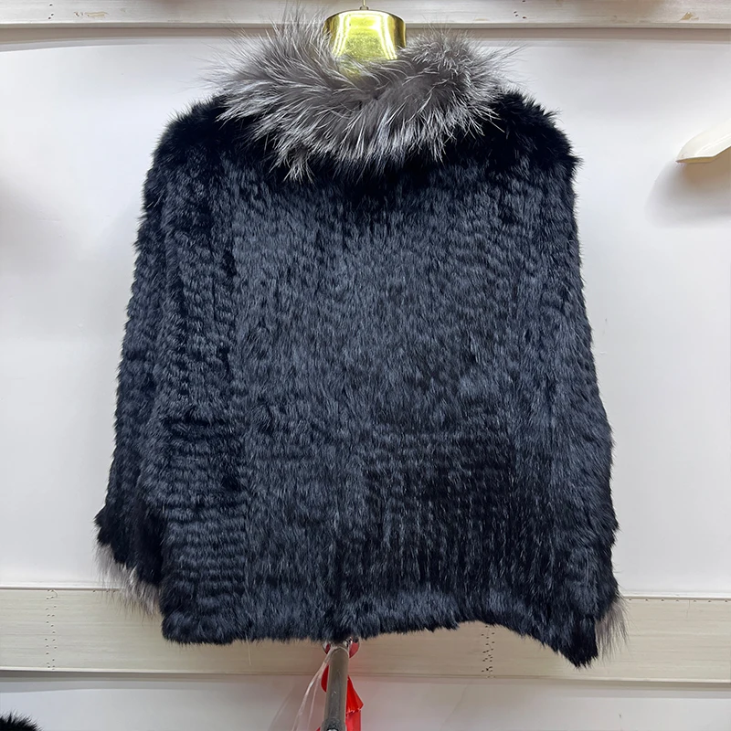2025 New Natural Rabbit Fur Bat Shirt Coats Knitted Women Real Fox Fur Collar Jackets Luxury Woman Clothing Outwear