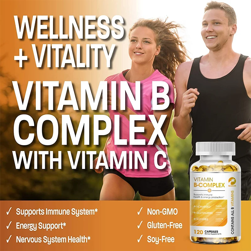 kexinsh Vitamin B Complex Complete Capsules (B12, B1, B2, B3, B5, B6, B7, B9, กรดโฟลิกและไบโอติน) ลดความเครียดและรองรับ