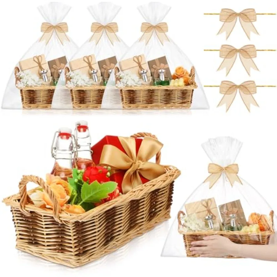 3 Juegos de Cestas para Regalos, Cestas de Mimbre Vacías con Bolsas de Regalo y Lazo DIY, Rectangulares, Tejidas, Apilables, 14 x 7.24 x 4, Cestas para Regalos