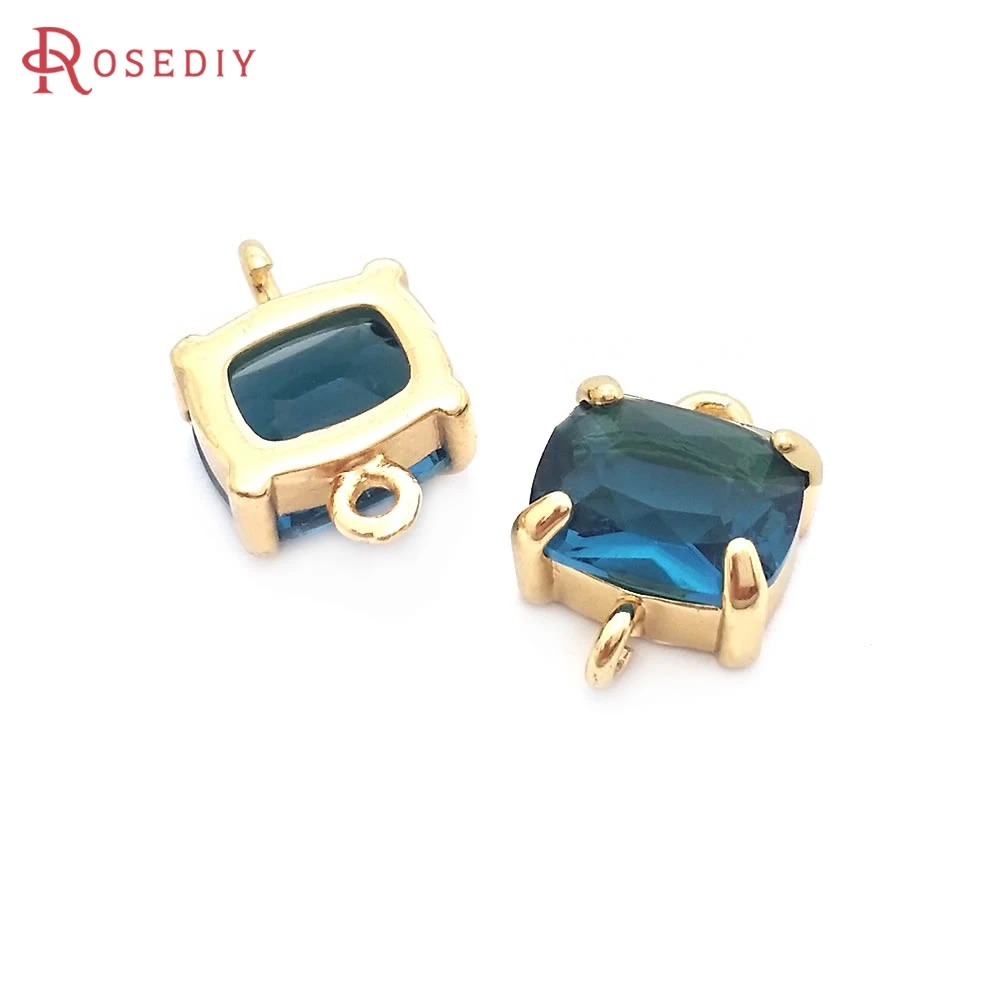 6PCS 8x10MM 18K Gold Color Brass and Glass 2 Holes Rectangle Connect Charms Pendants High Quality Jewelry Diy Accessories