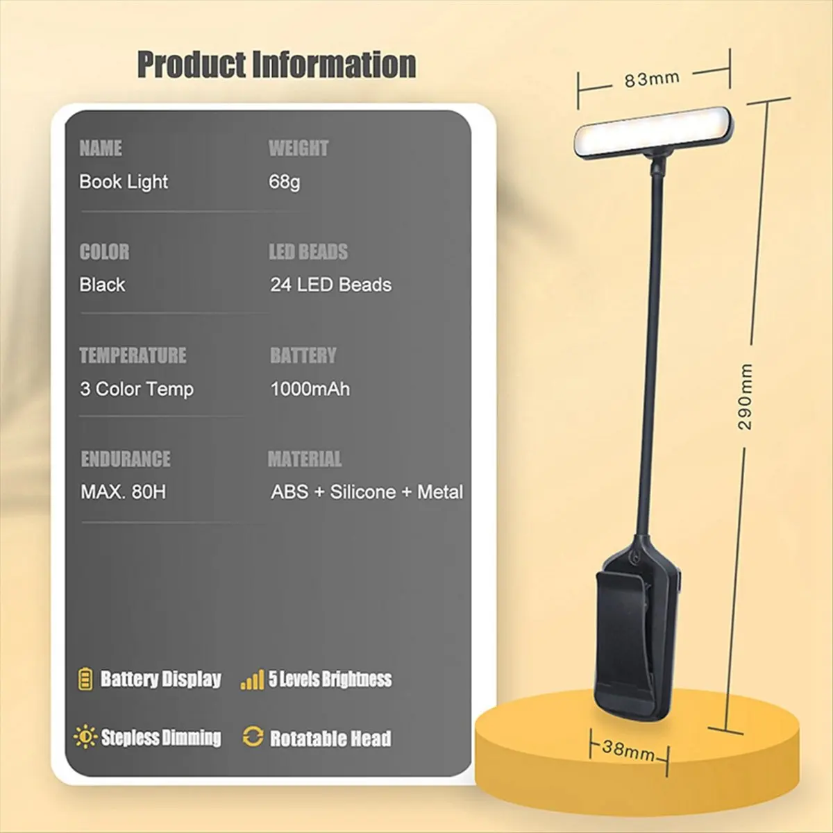 *N21R LED Book Light USB Rechargeable Desk Clip Night Light Mini Rotatable Table Lamp Portable Reading Light for in Bed