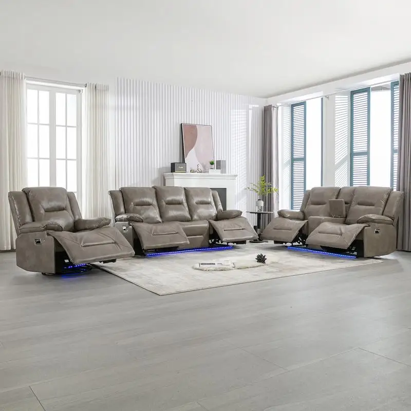 Heimkino-Liegestuhl mit LED-Lichtleiste und 2 Getränkehaltern für Wohnzimmer und Schlafzimmer, Grau