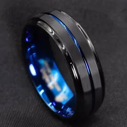 Erkek moda 8MM siyah fırçalanmış merdiven kenar paslanmaz çelik yüzük mavi oluk erkekler alyans hediyeler erkekler için takı toptan