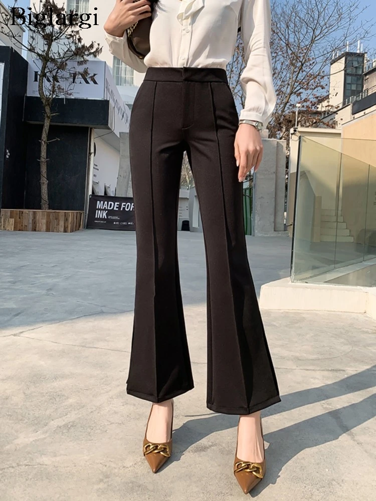 

Autumn Long Flared Pant Women Split Fashion High Waist Ladies Trousers Korean Style Pleated Woman Office Blazer Suit Pants