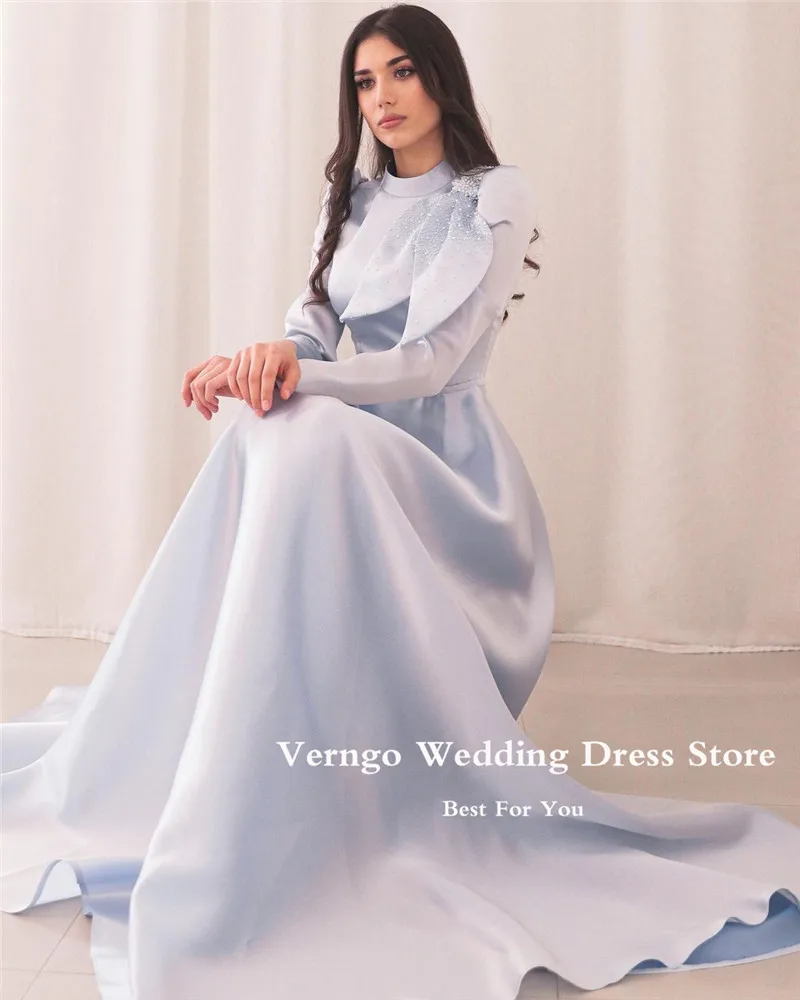 Verngo Modest Elegant Light Blue Evening Dresses Arabic Women High Neck Long Sleeves Beads Bow Satin Prom Gown Customized