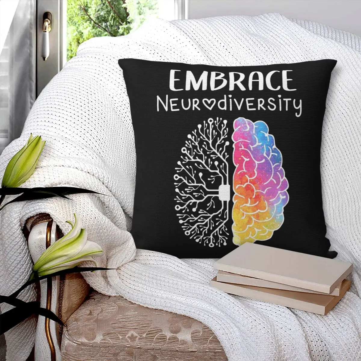 Neuro Diversity Embrace Adhd Autism Asd Rainbow Bra Square Pillowcase Pillow Cover Cushion Throw Pillow for Home Living Room