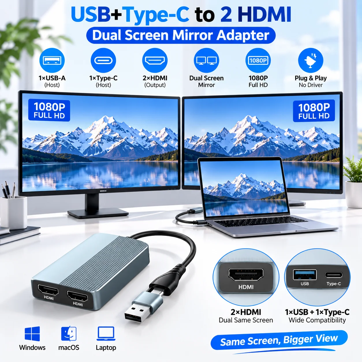 1080P Dual Display Adapter, USB Type-C to 2 Video Output Mirroring Adapter, Same Screen to Two Monitors for Office Meeting Home
