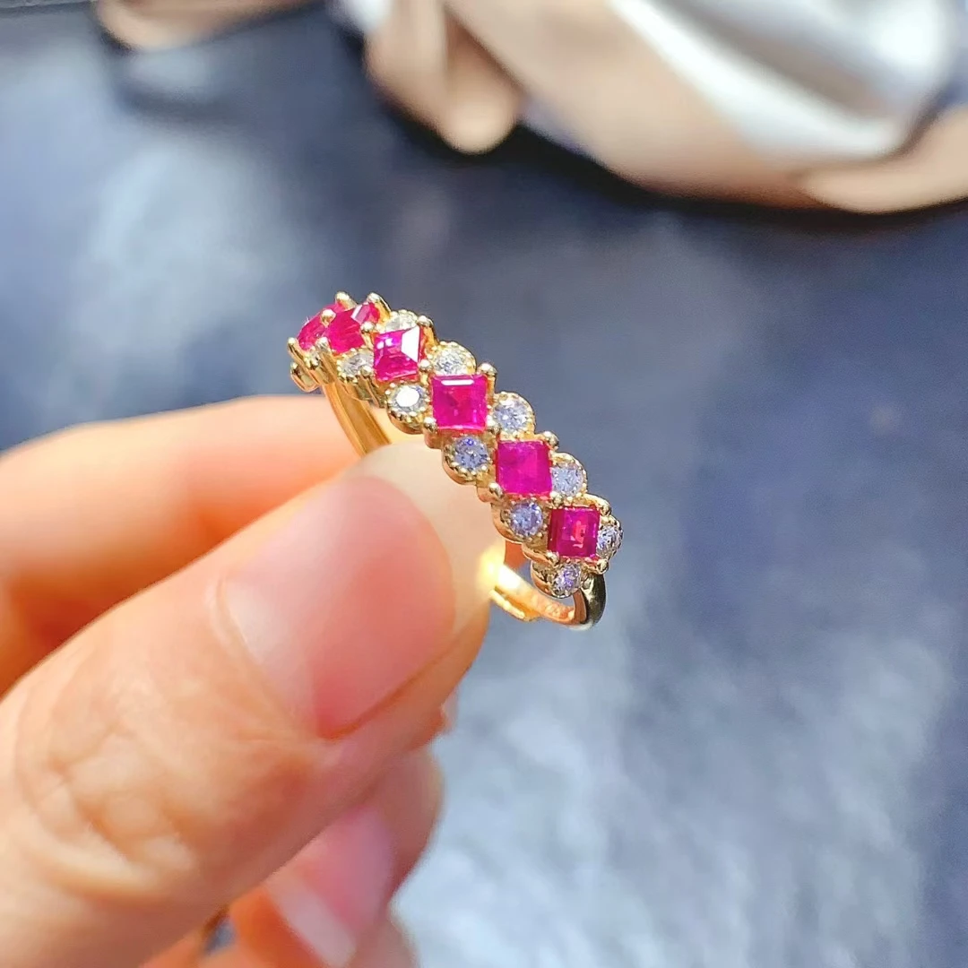 

18K Gold Plated Real Ruby Ring 3mm Total 0.8ct Natural Ruby 925 Silver Ring July Birthstone Gift for Women