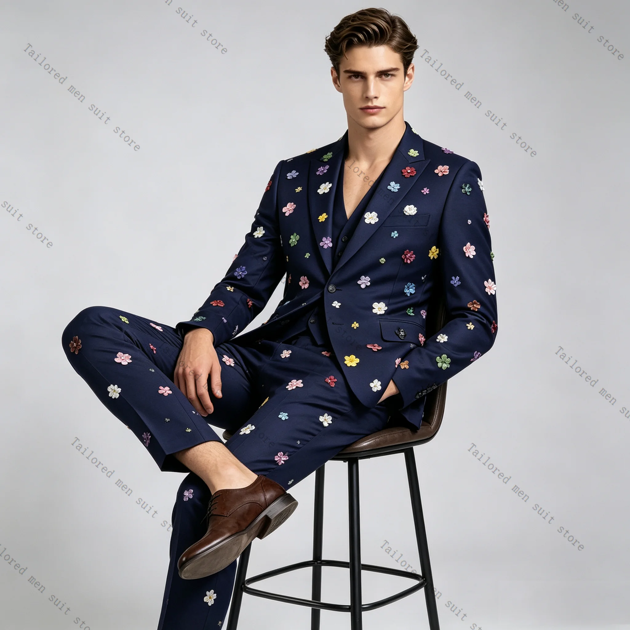 

Navy Blue Men Suits Pants Set 2 Pcs Blazer+Trousers Cotton 3D Flower Wedding Tuxedos Jacket Formal Office Business Coat Outfit