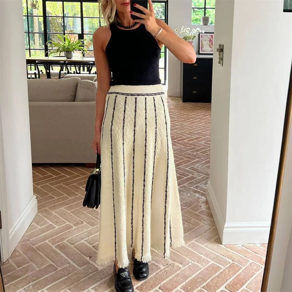 

Autumn Winter Knitted Striped Tassel Skirt for Women Elegant High Waist Elastic A-line Ankle-Length Female Long Midi Skirt