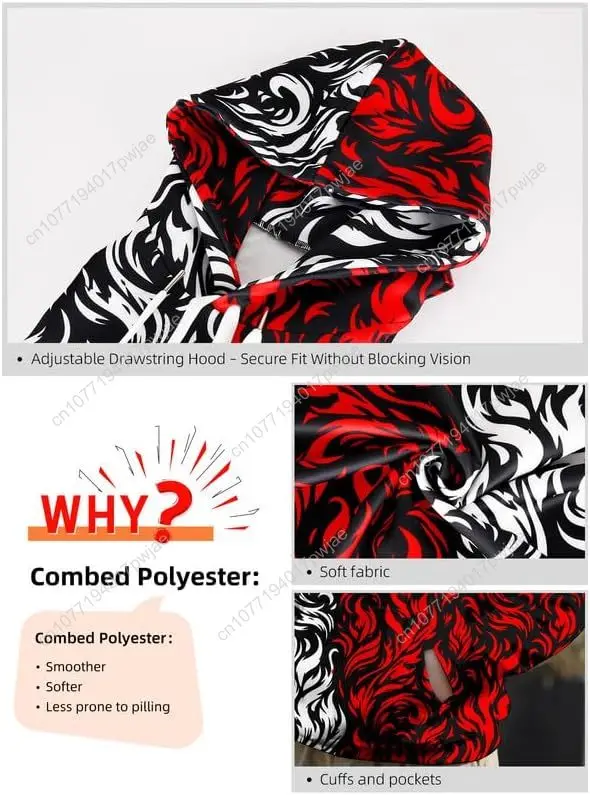 بلوفر رجالي بغطاء للرأس مطبوع ثلاثي الأبعاد مع جيوب، سويت شيرت بقلنسوة باللون الأسود والأحمر للجنسين للأولاد المراهقين