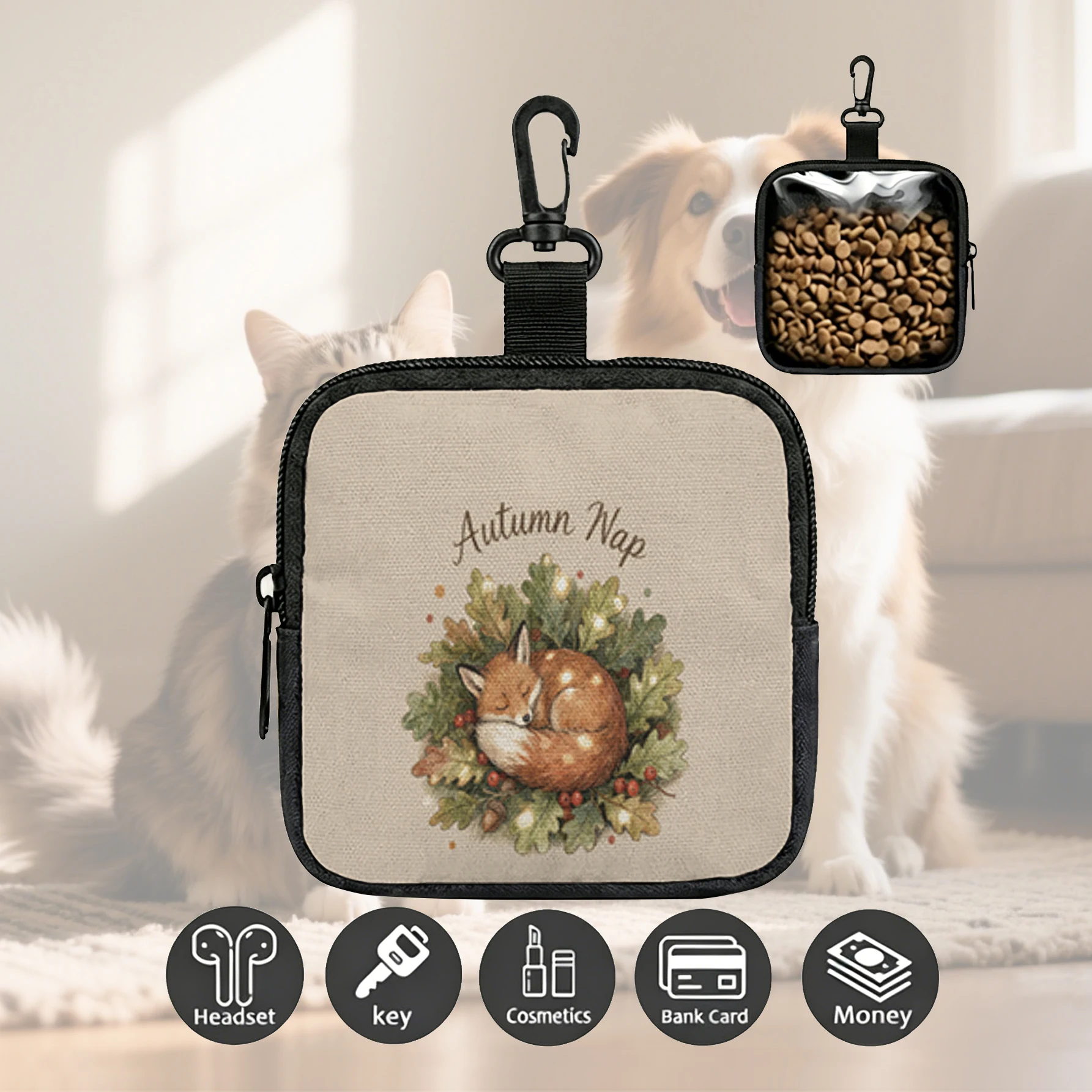 Autumn Nap Sleeping Fox Print Mini Zipper Pouch With Carabiner, Portable Small Storage Bag For Earphone Coin Pet Treats