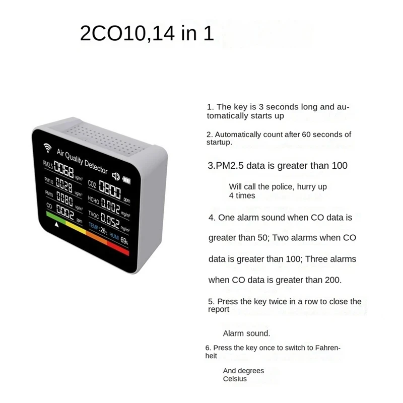 14 w 1 Tuya WIFI detektor Monitor jakości powietrza CO2 w monitorowanie czasu rzeczywistym duży wyświetlacz funkcja alarmu kontrola aplikacji zestaw