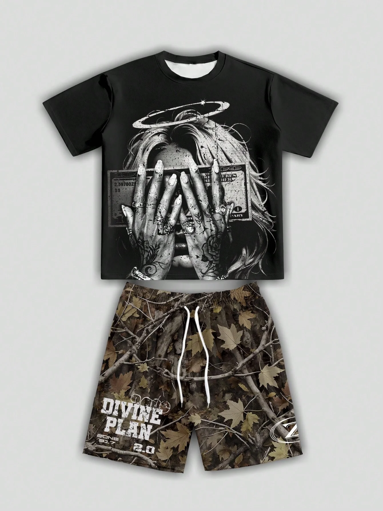 

025 Summer Hip-Hop Set - Casual Long-Sleeved Short-Sleeved Shorts with 3D Print - Black Rock Pattern