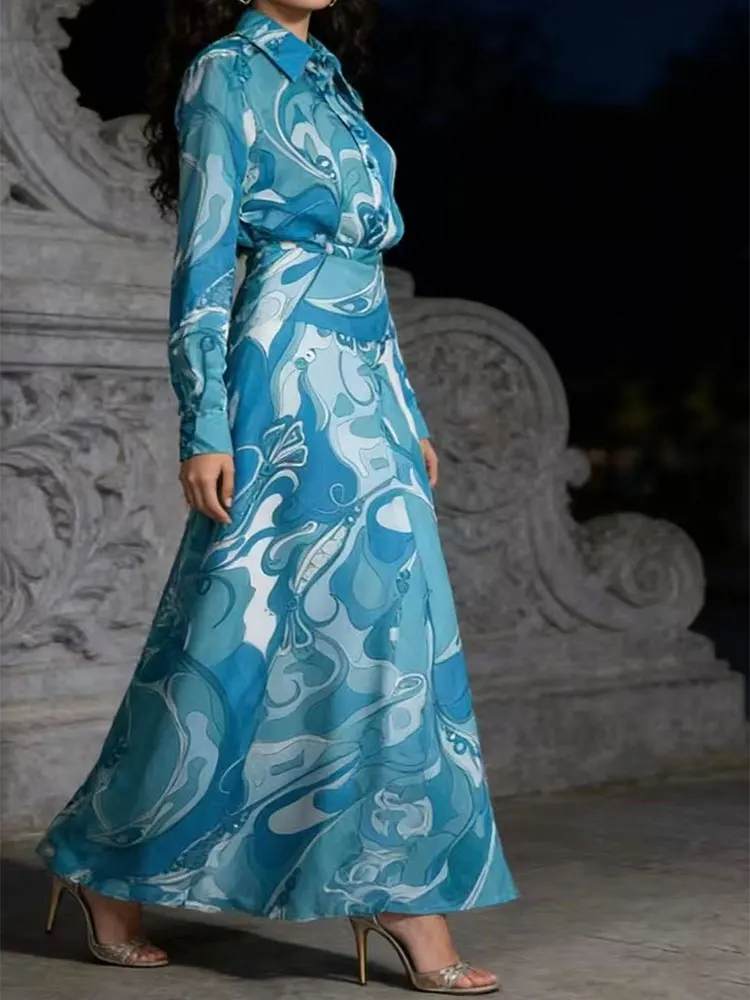 Holiday style wavy print women's suit spring new single-breasted long-sleeved shirt+high waist A-shaped skirt fashion two-piece