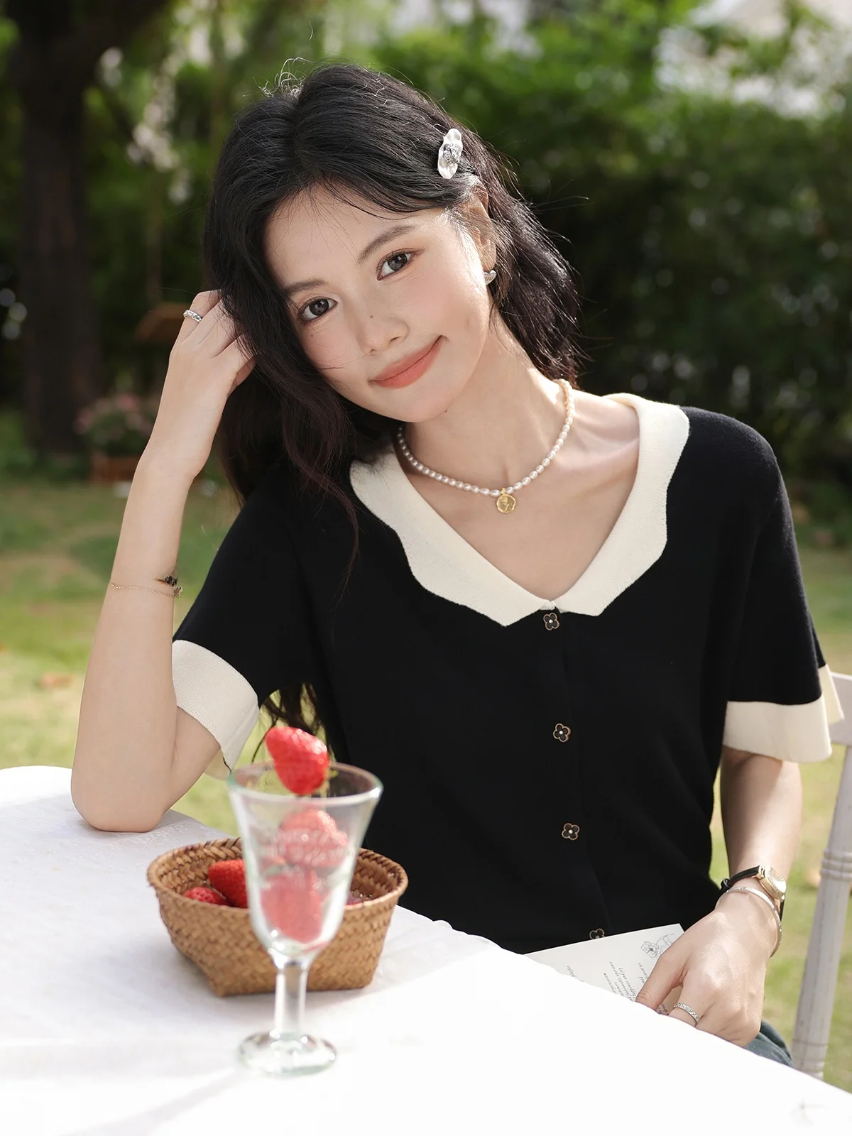 

South Deer ort Sve V-Ne Knitted T-irt Women's Summer Color Blo Versatile Cloud Pattern Commute Sle Korean Version