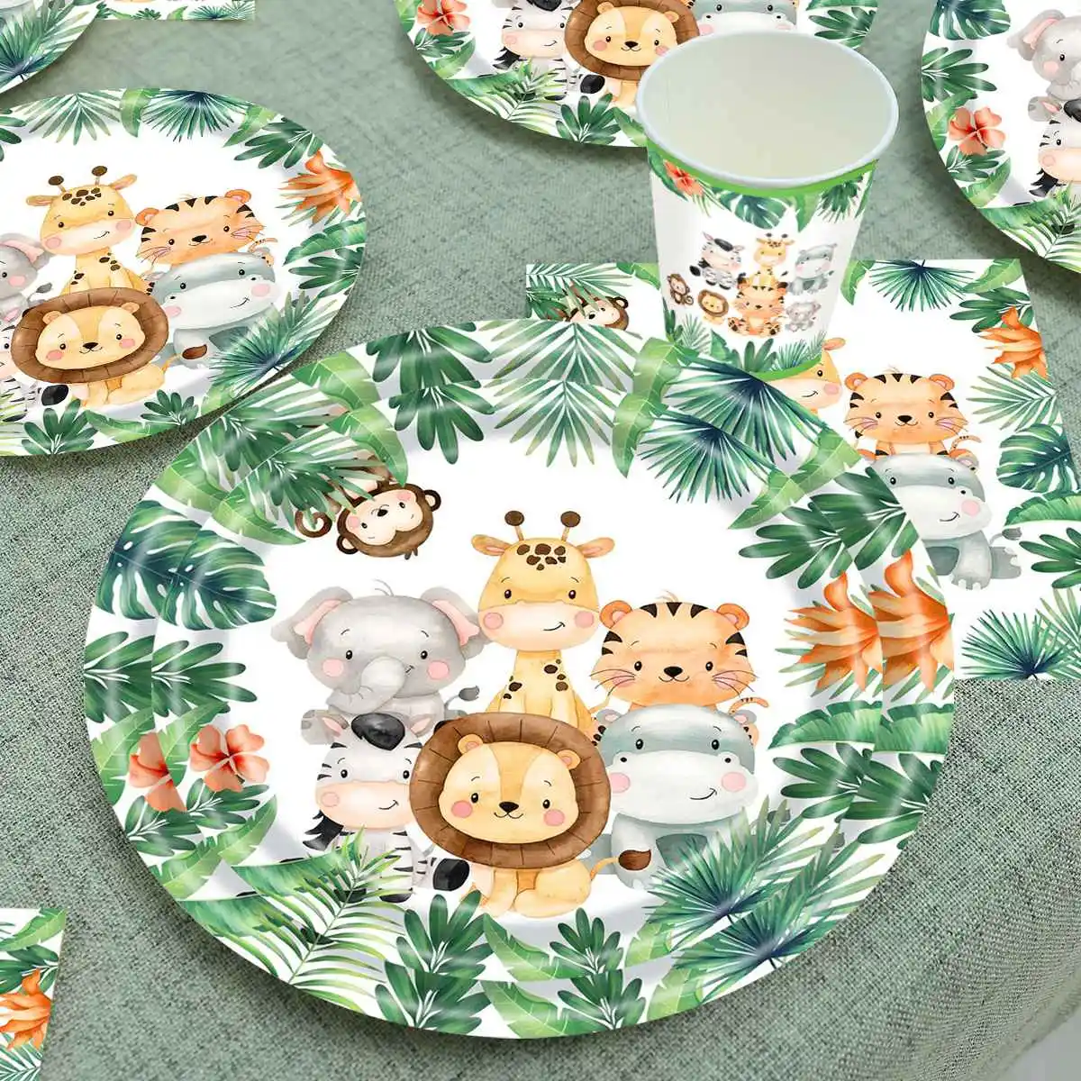 Jungle Animals Disposable Party Tableware Tablecloth Paper Plate Cup Wild One Birthday Party Decoration Kid Baby Shower Supplies