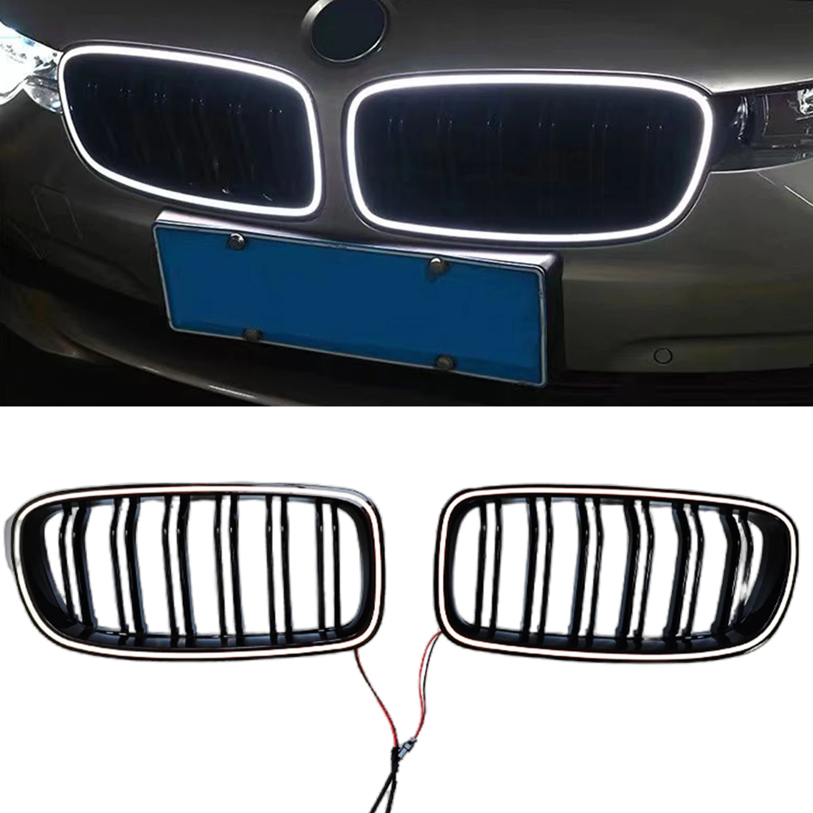 Front Kidney Grille Grill With LED Light For BMW 3-Series F30 F31 320i 330i 2012-2018 Double Slat Style Upper Bumper Hood Mesh