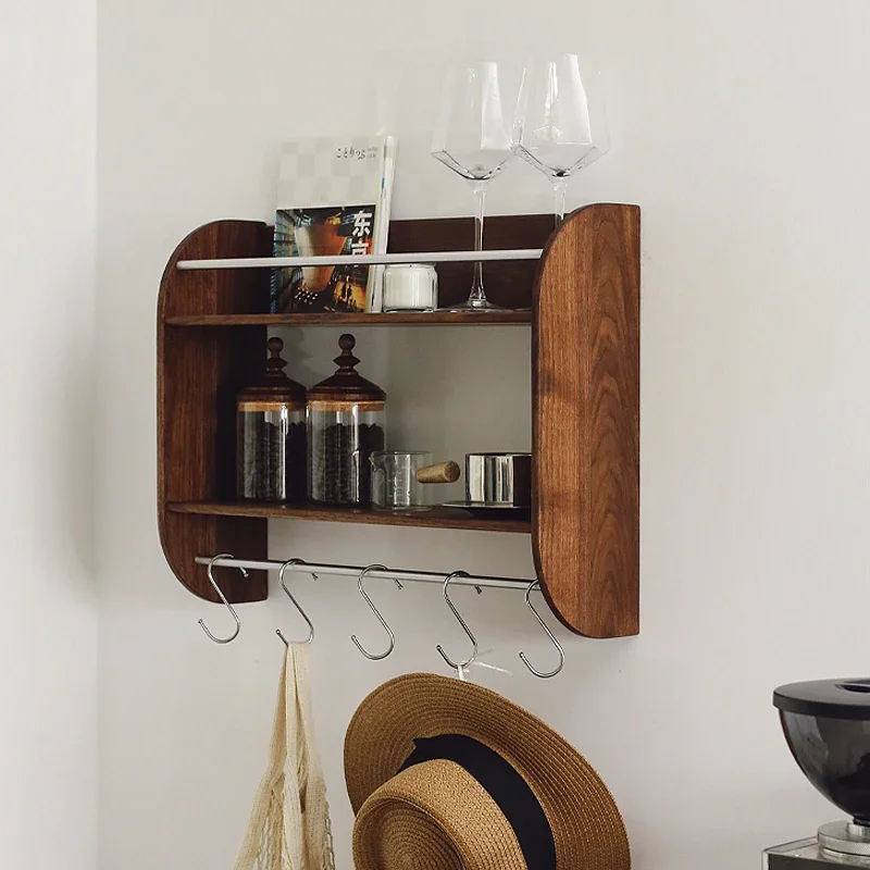 Wooden Wall-Mounted Storage, Hanging Tea Cup Rack with Barrier, Retro Wall-Mounted Wine Shelf, Cup Organizer with Hooks