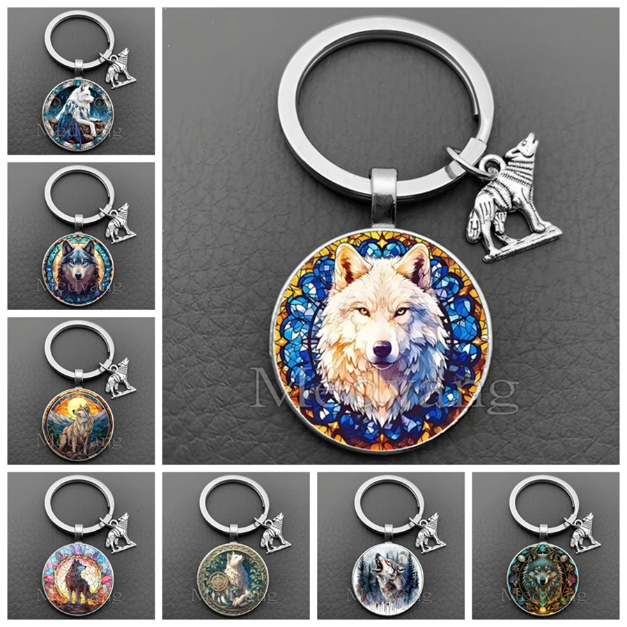 Novo lobo chaveiro lobo branco padrão cúpula de vidro chaveiro eu amo lobo jóias masculinas chaveiro do carro