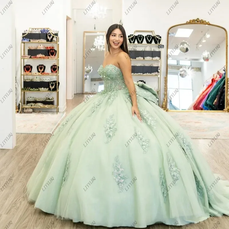 Big Bow Sage Green Sweet 16. Quinceanera Dresses Prom Gowns Off Shoulder Applique Lace Tulle Vestidos De 15 Anos Ball Gowns