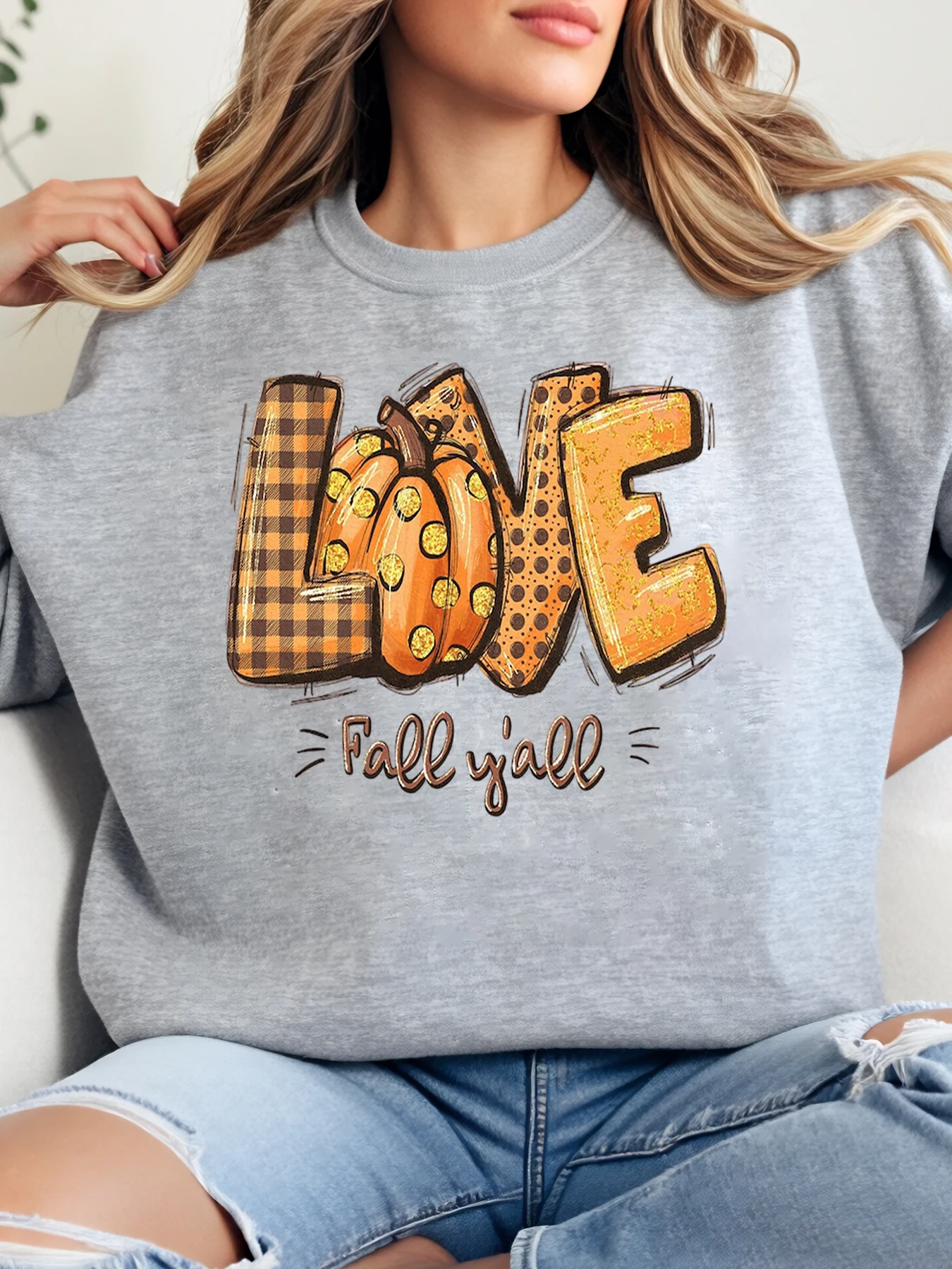 

Осенний свитшот с принтом тыквы Love Fall Yall, женский повседневный наряд, сезонная одежда, серый, больших размеров