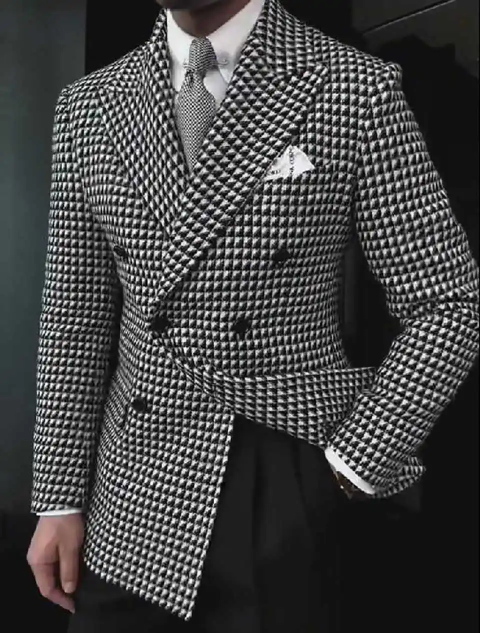 คลาสสิก Houndstooth Double Breasted Overcoat Casual เสื้อขนสัตว์แฟชั่นเสื้อแจ็คเก็ตผู้ชายธุรกิจ Lapel Blazer ที่กําหนดเอง