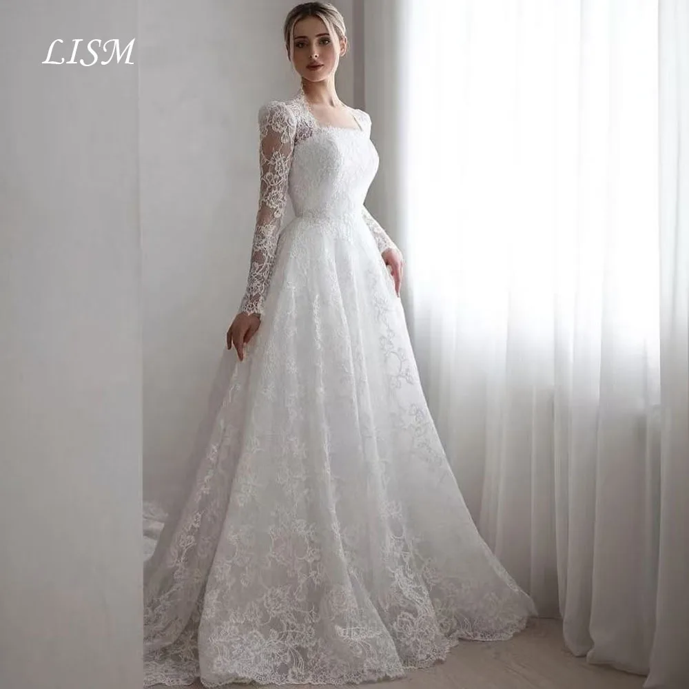 LISM 럭셔리 스퀘어 칼라 실크 레이스 A라인 웨딩 드레스 풀 슬리브 신부 가운 지퍼 백 맞춤형 웨딩 드레스